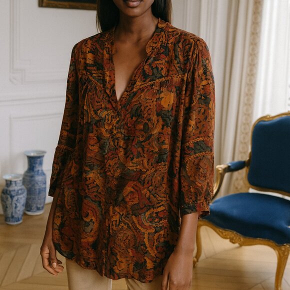 Intro Rust Multi Abstract Paisley Button Front Long Sleeve Women's Tunic Top XL - Picture 1 of 12